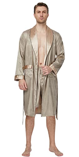 Image of TONY AND CANDICE Men's Satin Robe Lightweight Long Sleeve Silk Kimono Bathrobe with Shorts Set Sleepwear