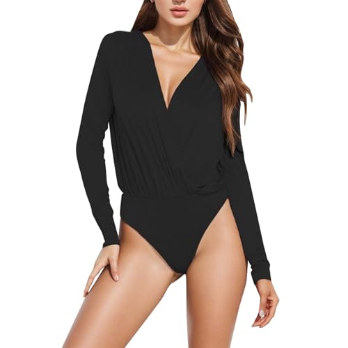 Body de satén de manga larga para mujer, con cuello en V, cierre a presión, cuerpo envolvente, leotardo blusa desechable, Le Noir, L