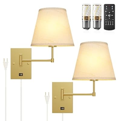 MOONTIP Wall Sconces Set of Two - Remote Control Wall Sconce Light Plug in, Dimmable (10%-100%) Color-Adjustable (2700K-6500K), Swing Arm Sconces Wall Decor Set of 2, Includes 2 Bulbs (Gold)