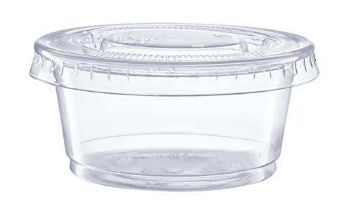 Image of GUSTO 2 oz Jello Shot Cups with Lids [100 Count] Clear Plastic Portion Containers, Condiment Cups for Sauces, Dressings & Samples - Durable, Stackable, Leak-Resistant (Formerly Comfy Package)