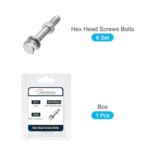Image of METALLIXITY Hex Head Screws Bolts, Nuts, Flat & Lock Washers Kits (M8-1.25x55mm) 6 Set, Stainless Steel Fully Threaded Machine Screws Bolt Set - for Home Appliance Equipment