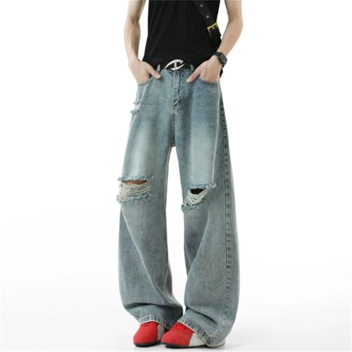 Men's Denim Ripped Pants, Summer Baggy, Solid Color Straight Loose Fit Jeans, Stylish Trousers3