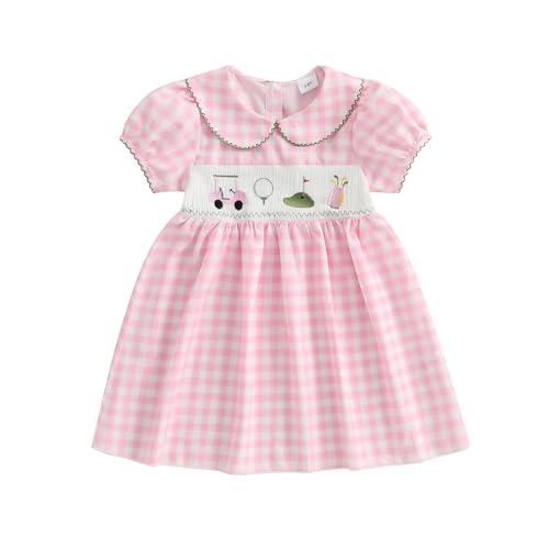 Kids Girls Golf Outfit Toddler Girl Smocked Golf Dress Puff Short Sleeve Summer Pink Gingham Athletic Dresses