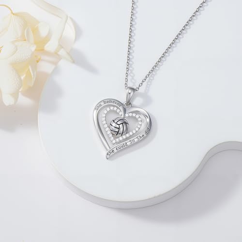 Sports Necklace 925 Sterling Silver Double Heart Softball/Volleyball/Soccer/Baseball/Basketball Pendant Sports Jewelry Birthday Christmas Gifts for Women4