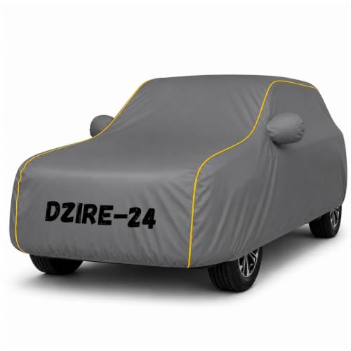 Image of Premium Waterproof Car Cover for Dzire 2017-24 | Soft Cotton Lining Heavy Duty Triple Stitched Heat Resistant Outdoor Cover Comes with Mirror and Antenna Pocket Full Bottom Elastic (Zig Zag Grey)