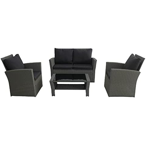 COZYBRITE Rattan Sofa Garden Furniture Set 4 Seater with Armchair Cushions Coffee Table & Outdoor Waterproof Cover SFS009- (Solid Grey with Dark Cushions) Cover