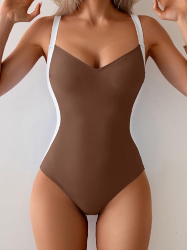 Eomenie Women's Tummy Control One Piece Swimsuit Slimming Lace Up Back Bathing Suit V Neck Swimwear Brown2