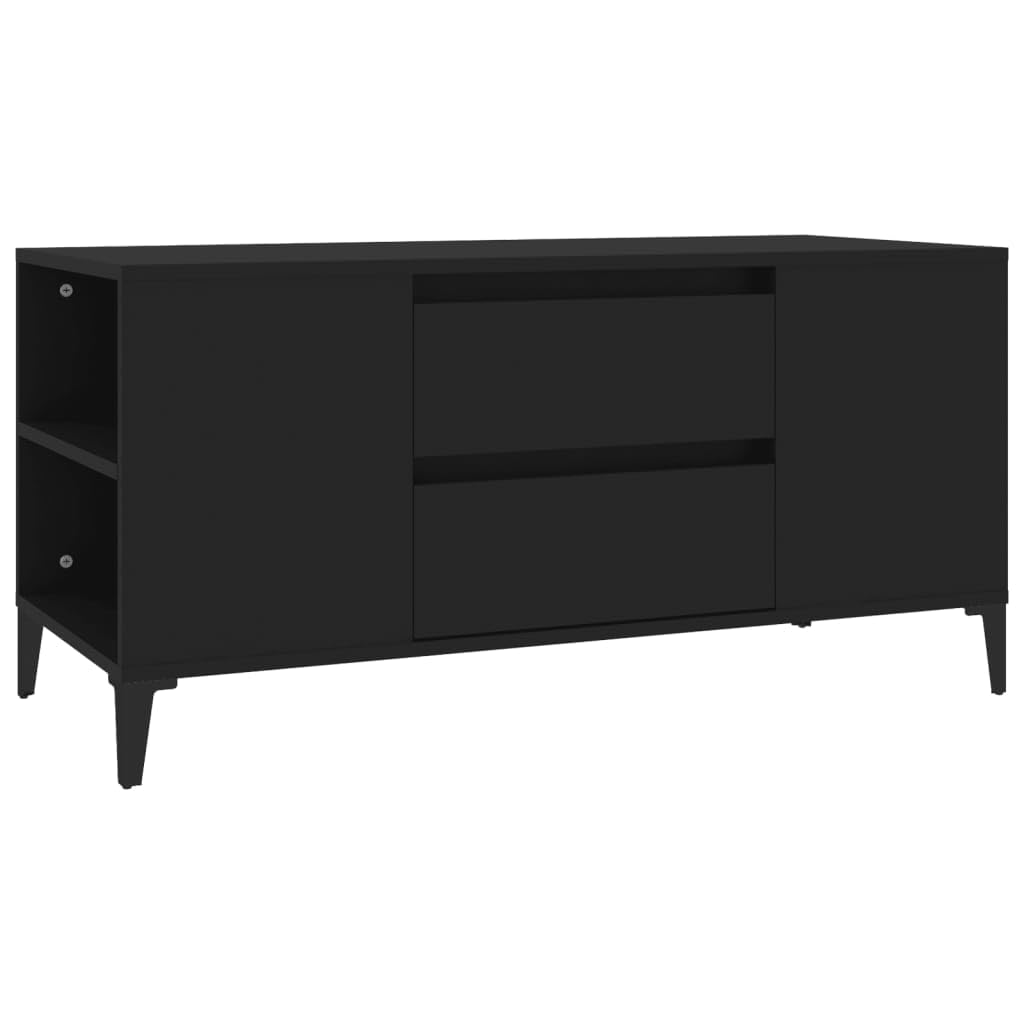 Mobile TV nero 102 con 4 scomparti aperti e 2 cassetti in legno moderno supporto TV design industriale per soggiorno