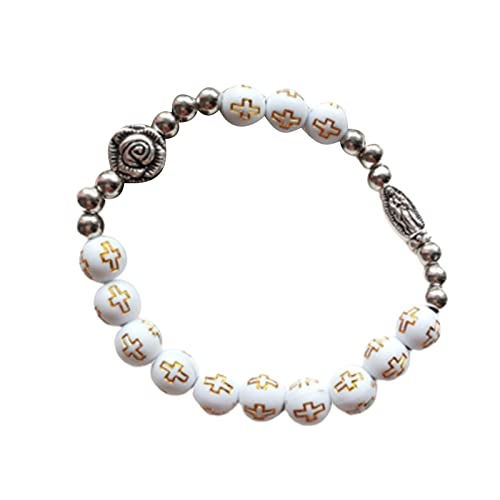 PENGZIL Pulseiras de madeira, Catholic Cross Rosary Bracelet Elastic Beaded Chain Baptism Rosaries Bangle Wristband Prayer Beads Religious Jewelry, Agate