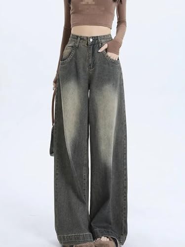 American Style Vintage Washed Wide Leg Jeans for Women Korean High Waist Loose Straight Casual Pants3