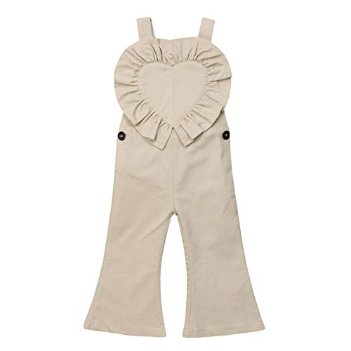 Baby Little Girls Solid Color Love Heart Overalls Ruffle Bell-Bottom Suspender Pants (1-2T, Brown)