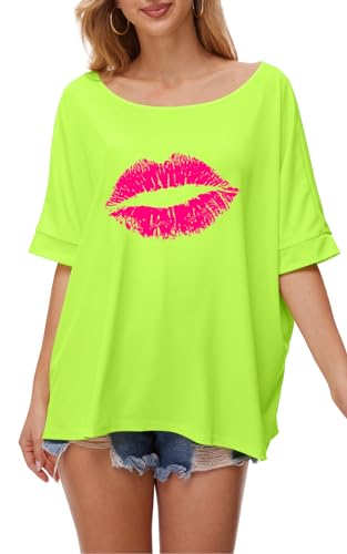 Yisfri Women's Off The Shoulder Tunics Blouses Neon Batwing Summer Print T Shirts3