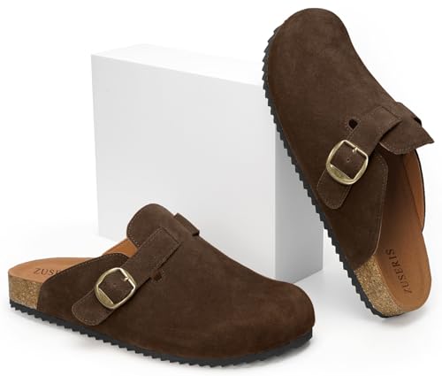 Image of ZUSERIS Suede Clogs for Women Men Wide Width Leather Mules | Soft Cork Footbed,Arch Support,Comfort Potato Shoes