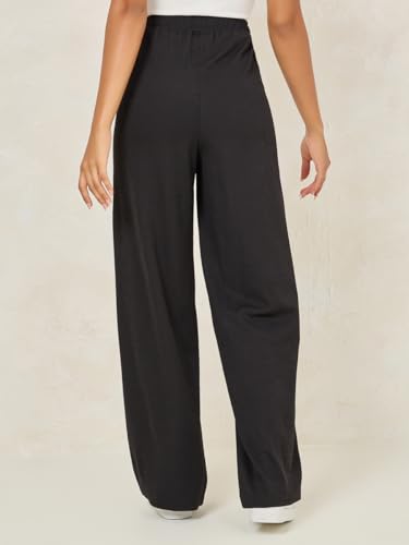 Styli Solid Ribbed Wide Leg Pants Women's Pants Black XL