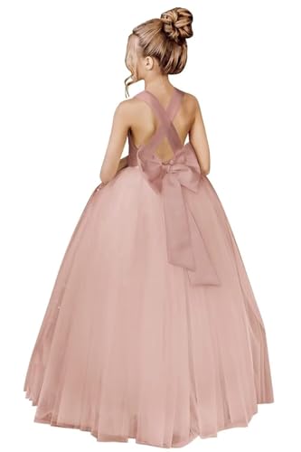 Crossed Straps Flower Girl Dress Satin Long Prom Dress with Bow Puffy Tulle Pageant Dresses for Girls