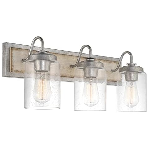 Kira Home Greyson 22" 3-Light Farmhouse Vanity/Bathroom Light + Cylinder Seeded Glass Shades, White Ash Wood Style + Galvanized Steel Finish Cover