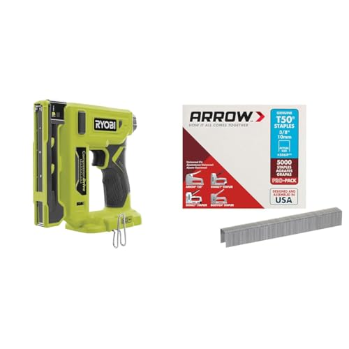RYOBI ONE+ - Agrafeuse 18V avec Chargeur 90 Agrafes - Dos millimètre9,4, Longueur 6,35 à 14,3mm - T50 10mm Arrow A506Ip avec Crochet de Maintien - R18ST50-0