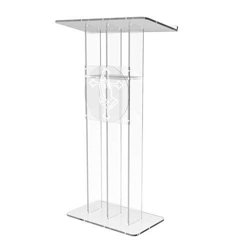 FixtureDisplays® Clear Podium Plexiglass Lecturn Transparent Church Pulpit with Christian Church Cross Prayer Hand Trinity Style Easy Assebmly Required 15411+12152-NPF