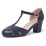 Peijely Womens T Strap Mary Jane Shoes Chunky Block Heel Cut Out Ankle Strap Buckle Dress Dance Pumps Matte Navy Blue 46 - US 12