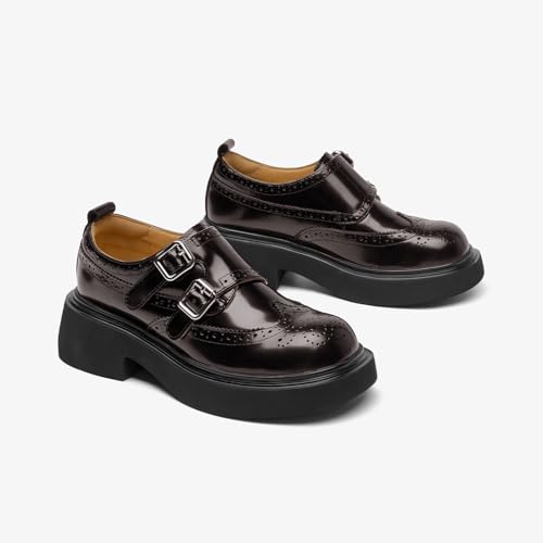 Image of BEAU TODAY Womens Leather Loafers, Monk Strap Womens Loafers, Business Casual Office Shoes, Brogue Wingtip Slip-on Dress Shoes