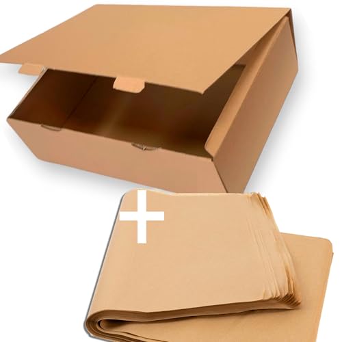 25 Cajas Automontables 43x30x12cm (Interiores) + 25/30 Hojas de Papel Manila (60x43cm), Cajas Postales de Cartón Ideal para E-Commerce y Envío Seguro (43x30x12cm - 25 + 25/30 Papel)