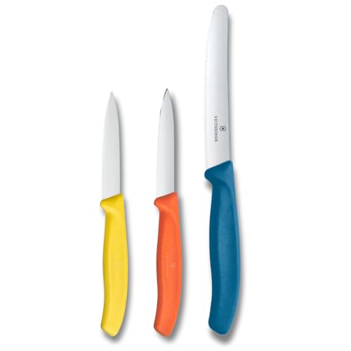 Victorinox Swiss Classic Küchenmesser Set, 3teilig, Gemüse-, Tomaten- und Frühstücksmesser, Scharfe Klinge, Rostfreier Stahl, Gelb/Orange/Blau