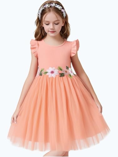 Image of HILEELANG Little Flower Girl Tulle Tutu Dress Easter Cotton Ribbed Birthday Wedding Party Princess Dresses