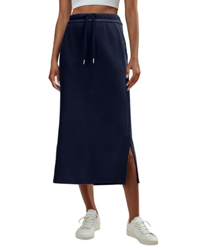 Image of Lepunuo Women's High Waisted Sweat Maxi Skirt with Pockets Slit | Ultra Soft Sweat Fabric, High Waist Drawstring, Deep Phone Pockets, Side Slit for Movement, Ideal for Lounge Travel