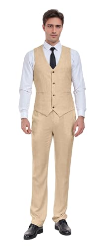 Netsky Mens Linen Suit 2 Piece Slim Fit Summer Beach Wedding Prom Suits Lightweight Vest and Pants Set