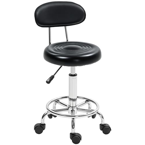 HOMCOM Taburete Giratorio con Ruedas y Respaldo, Taburete de Trabajo con Altura Regulable 70-86 cm, Asiento Tapizado de Cuero Sintético Negro