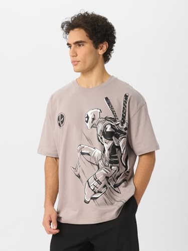 Image of The Souled Store Deadpool: Maximum Effort Men and Boys Short Sleeves Round Neck Green Graphic Printed Cotton Oversized T-Shirts