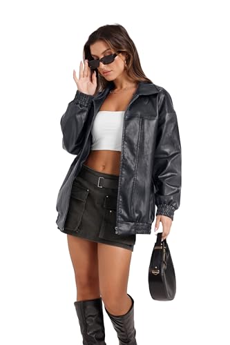 Image of Sampeel Leather Jacket Women Faux Oversized Motorcycle Bomber Coats 2026 Fall Fashion Outfits Winter Clothes
