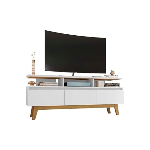 Manhattan Comfort Yonkers 63 Inch Mid Century Modern TV Stand with Storage, 3 Flip Down Door, Hole for Wire Management, Fits Up to 60" Television, Durable & Versatile Console Table, White Cover