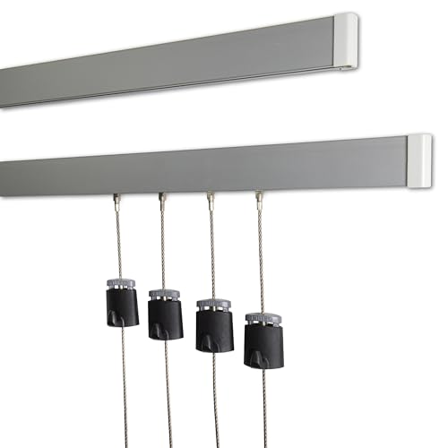AS Hanging 8ft Gallery & Picture Rail System Set (2x4ft Rails) Matte Silver Aluminum & 4 Steel Wires | 40lb Max Load per Cable | Wall Hanging Hardware for Home & Office