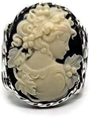 Grecian Goddess Grapes Large Cameo .925 Sterling Silver Ring Black US Ring 5-14