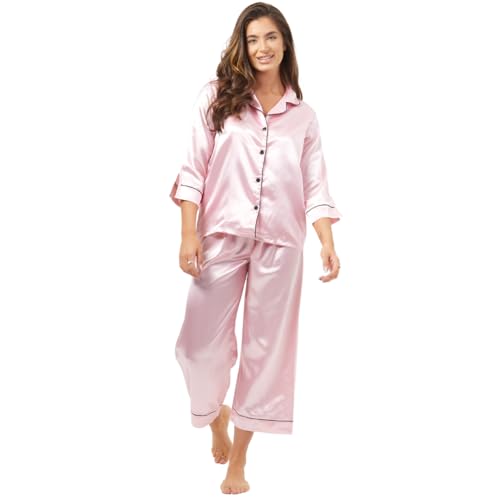 Womens Silk Pyjamas Set Button Down Shirt Capri 2 Piece Satin Nightwear for Brides, Bridesmaids, Hen Do in Black, White, Pink, Green, Grey
