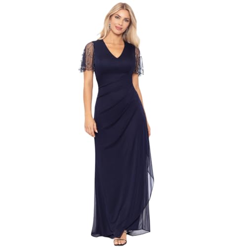XscapeWomen's Petite Sheer Matte Jersey Maxi Dress with Beaded Sleeves and Side Ruching, Navy/Metal, 8 by Xscape - Used condition - US$59.45