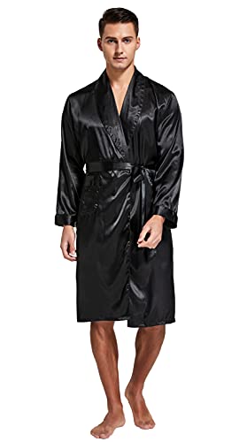 Image of TONY AND CANDICE Men's Satin Robe Lightweight Long Sleeve Silk Kimono Bathrobe with Shorts Set Sleepwear