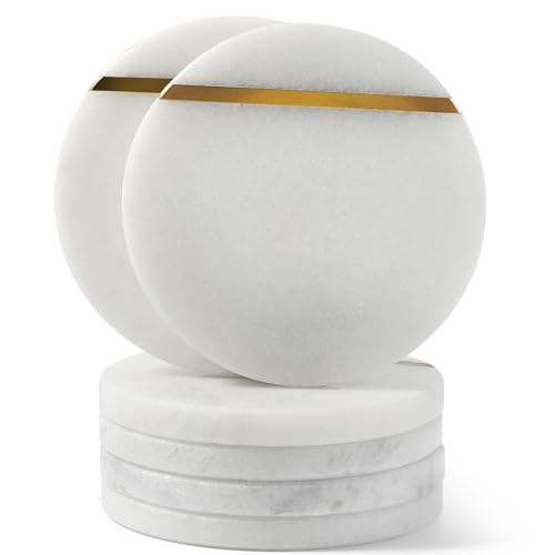Koville White Marble Coasters Set of 6 for Coffee Table, 3.9" Inches Handmade Round Coaster, Luxury Aesthetic Marble Drink Coaster for Table Décor Home Décor, Stone Coasters for Dining, Bar or Office