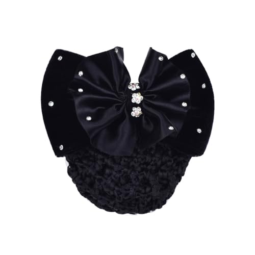 Professional Bowknot Decor Snood Net Hair Clip Rhinestone Satin Bow Barrette With Hair Net Hair Clip Bun Cover Hairnets Hair Accessories for Nurse Bank Worker Air Hostess(Black)