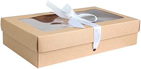 Emartbuy Pack of 12 Rectangle Shaped Presentation Gift Box, 21 cm x 12.5 cm x 2.5 cm, Brown Kraft Box with Clear Lid and Satin Ribbon