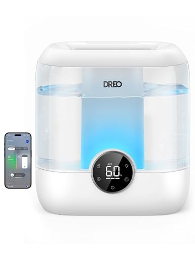 DREO Smart Humidifiers for Bedroom, 6L Top Fill Supersized Cool Mist Humidifier for Large Room, 60 Hour Runtime, Quiet Ultrasonic Humidifiers for Plants, Indoor, Home, Night Light, White