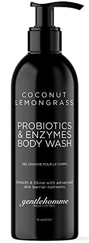 Probiotic Body Wash for Men - Enzymes & Natural Probiotics Formula for Sensitive Skin - Coconut & Lemongrass Shower Gel - Gently Cleans & Moisturize Skin for Acne, Psoriasis, Rosacea - 16 fl oz.