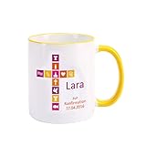 Kaffeetasse - Der Kaffeebecher besteht aus Keramik, ist 8,2 cm x 9,5 cm (Ø/H) groß und fasst 300 ml Flüssigkeit. Der Henkel sowie der Rand dieses Kaffeepotts ist farblich abgesetzt durch einen satten Gelbton.
