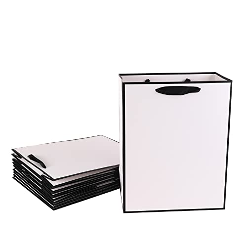 REDDOTGIFT® 10-Pack Shopping Paper Bags White with Black Border with Lamination… (H28*L20*D10cm)