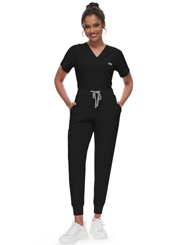 niaahinn Scrubs for Women Set - Classic V-neck Top & Yogga Waistband Jogger Pants with 8 Pockets Breathable Slim Fit Suit (Black,M)