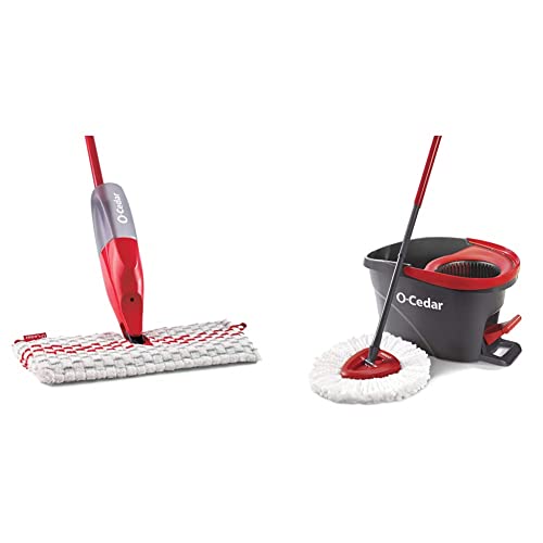 O-Cedar ProMist MAX Microfiber Spray Mop, Red & EasyWring Microfiber Spin Mop, Bucket Floor Cleaning System, Red, Gray