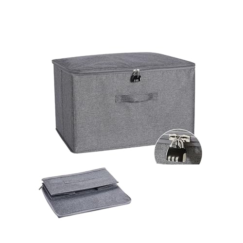 HIKENRI Lockable Storage Box,Collapsible Storage Boxes With Lids Fabric,Combination Lock Box,Stackable Cubes Lock Boxs For Wardrobe,T-Shirts,Clothes,Scarves,Small Toy(Grey/30 * 20 * 14cm)