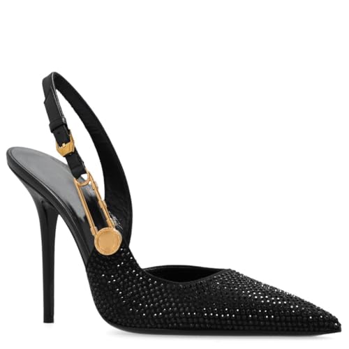 Rhinestone Slingback Heels for Women Pointed Toe Stilettos Elegant Gold Safety Pin Detail Glamorous Evening Black Silver Slingback Heels Pumps Wedding Party Shoes2