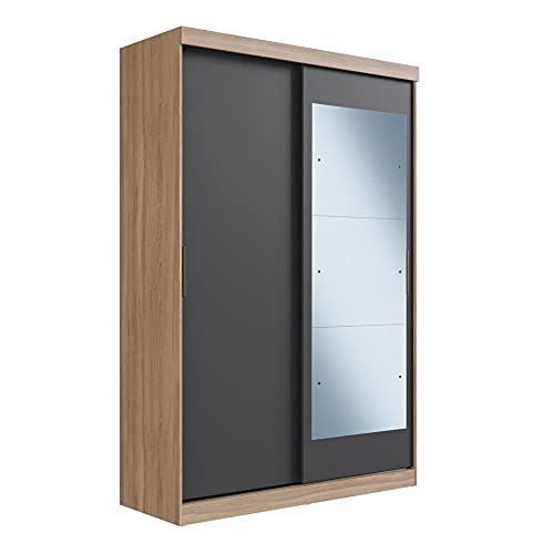 Guarda Roupa Solteiro com Espelho 2 Portas de Correr 2 Gavetas Tuco Yescasa Avena/grafito